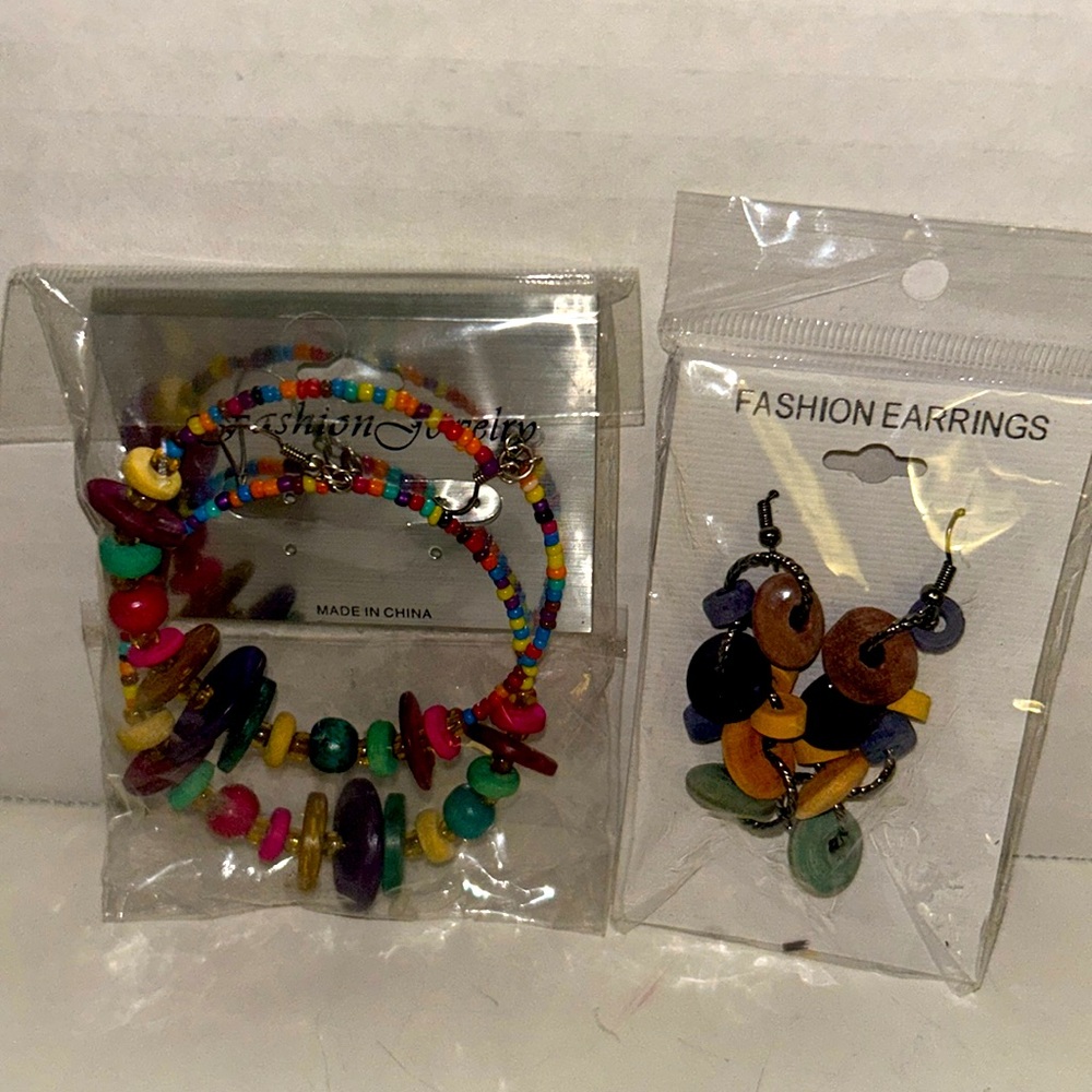 Summer multicolored earrings colorful wooden pierced 2 pair